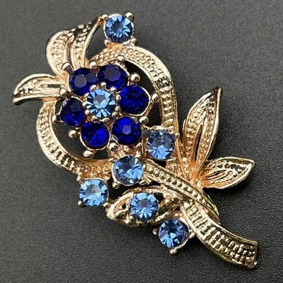 Rose Gold with Dark and Light Blue Sapphire Flower and Leaf Pin Back Brooch - Picture 1 of 10